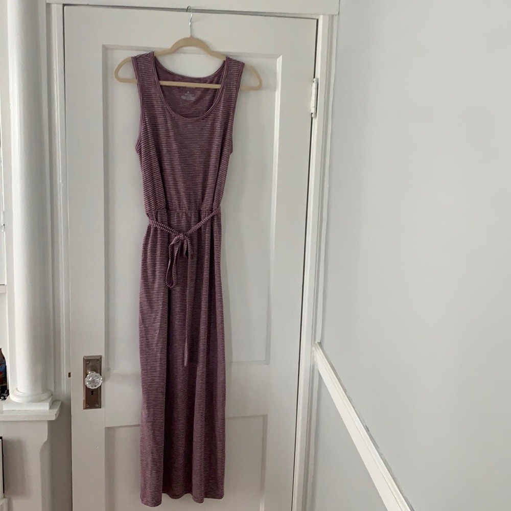 Purple and white striped maxi dress